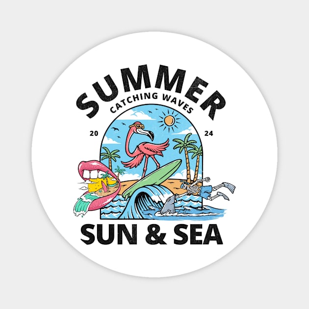 Flamingo Surfing: Summer Wave Rider - Tropical Beach Design Magnet by Designed By Marty